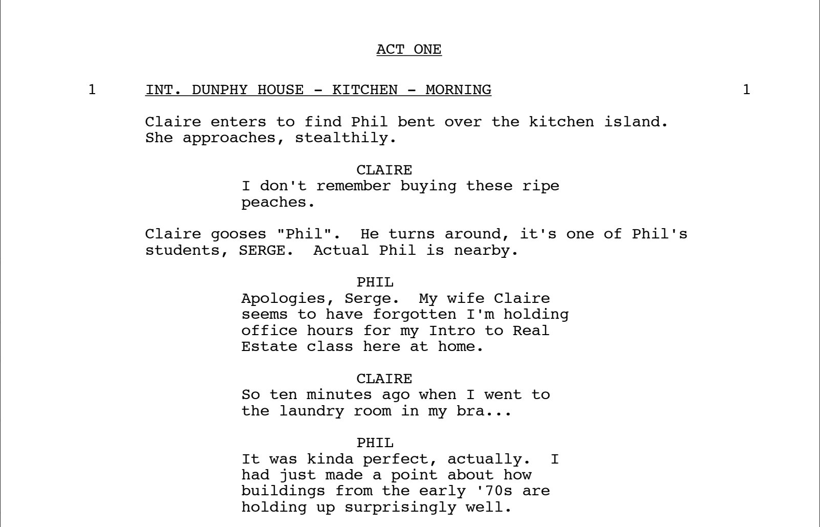 A page from a Modern Family script written by Ryan Walls, scene between Phil and Claire